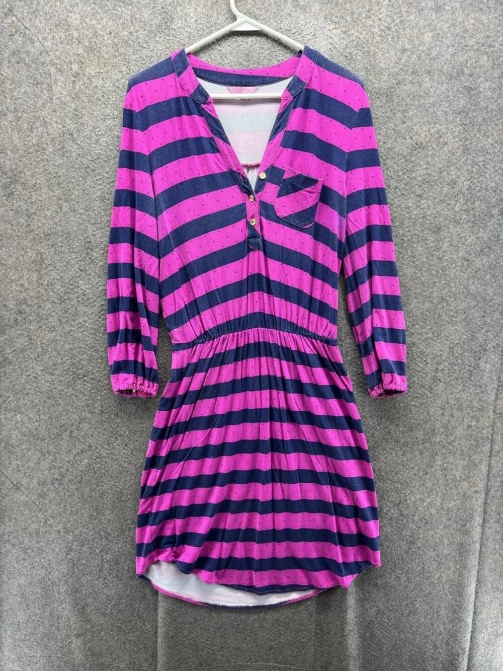 Lilly Pulitzer Dress Womens Small Pink Striped Henley 3/4 Sleeve Fit Flare Short